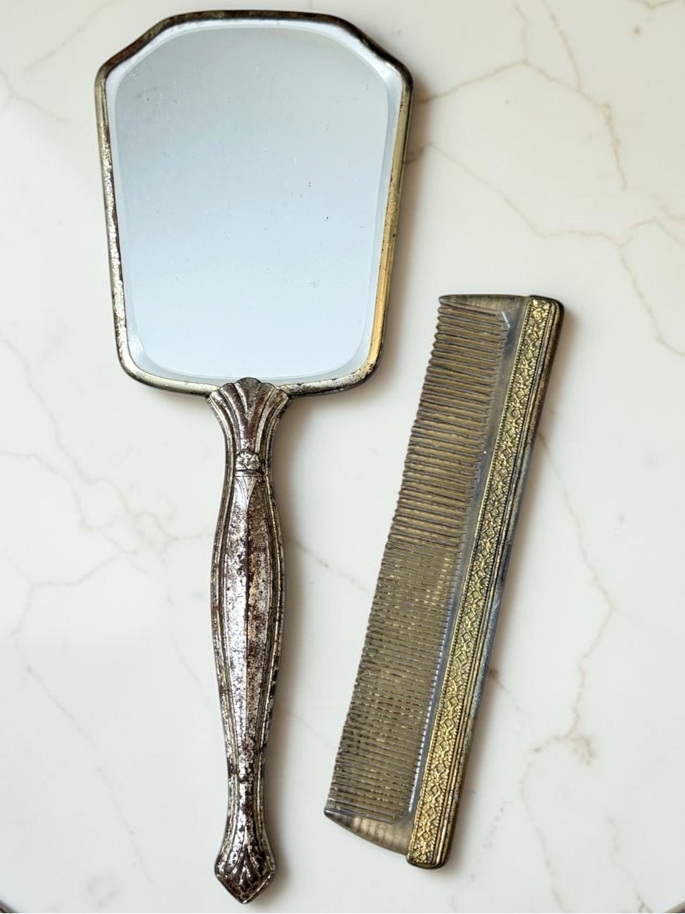 Antique Vintage Vanity Set Floral Ornate Gold Hand Mirror & Comb